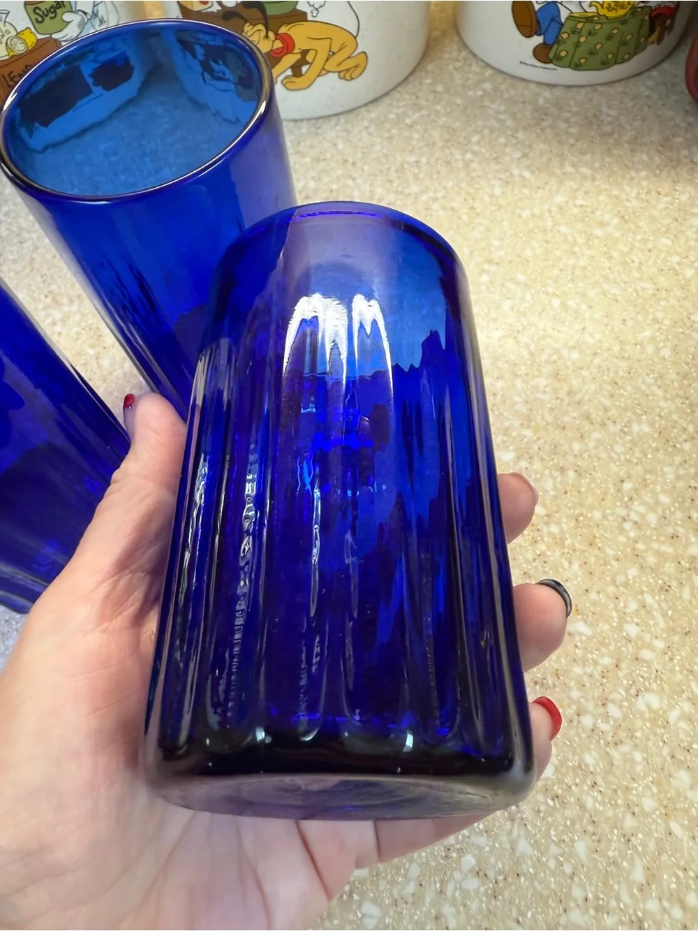 Vintage Cobalt Blue Glass Tumblers Set of 3 Juice cups 5’ Signed Magic Sands 83?